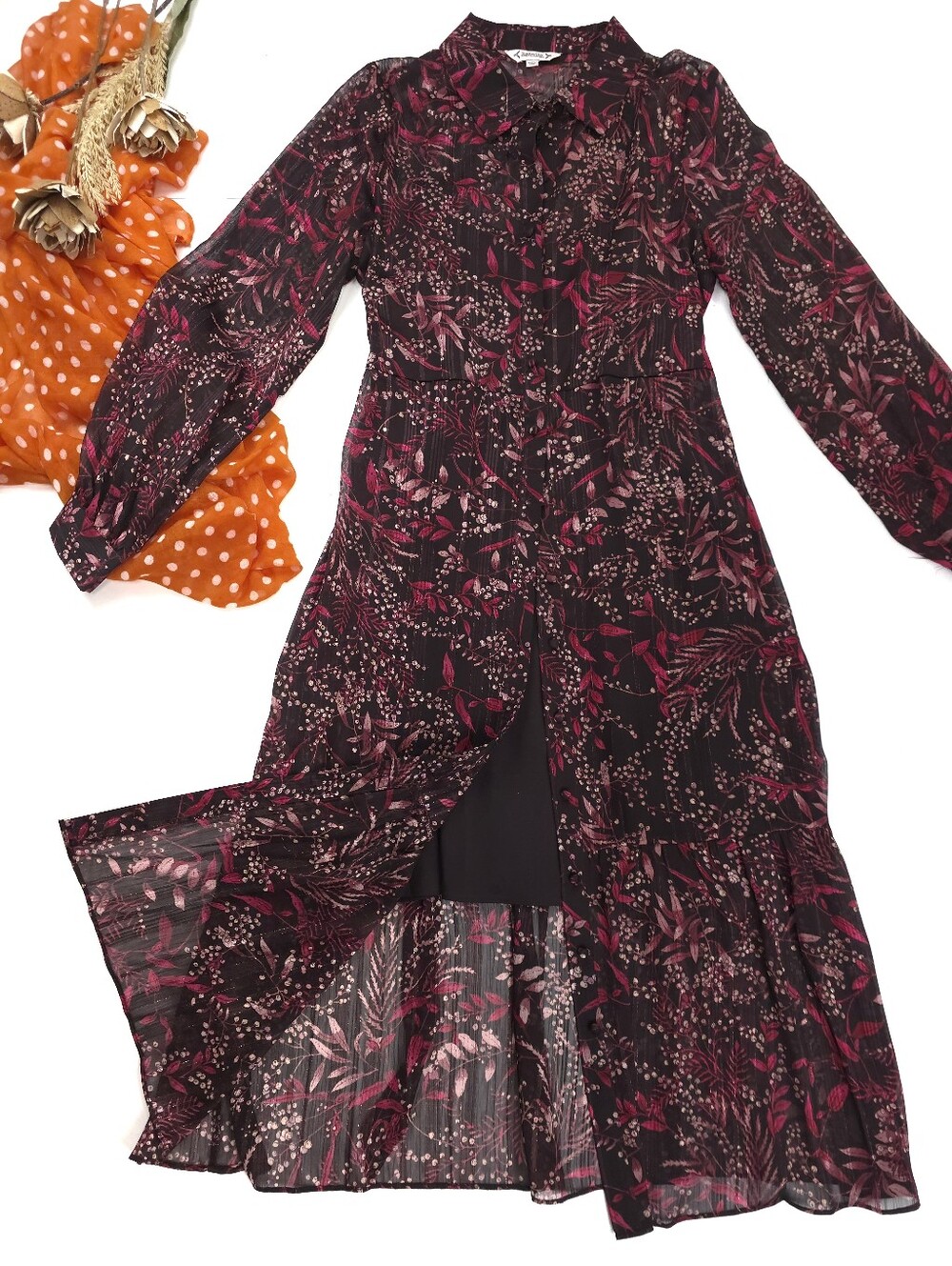 Nanette Lepore Long Sleeve Floral Maxi Sheer Shirt Dress - Dark Plum Sz 10